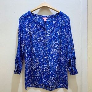 Lilly Pulitzer Blue Printed Silk V-Neck Top